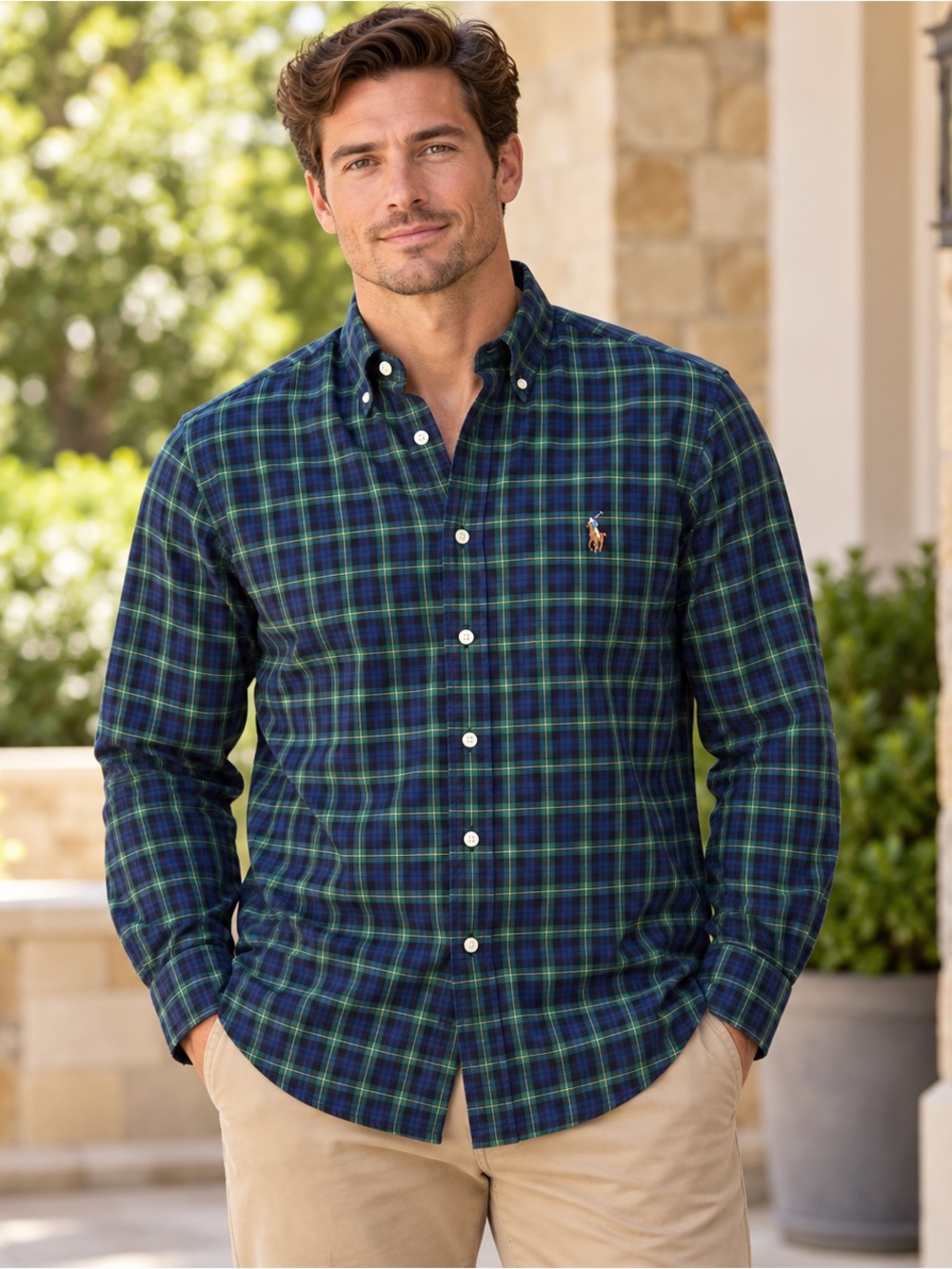 Ralph Lauren Men’s Large Classic Fit Navy Green Plaid Button Down Shirt